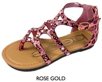 Wholesale Footwear Girl's Shimmer Leopard Gladiator Sandals - Rose Gold W/ Rhinestone Gems