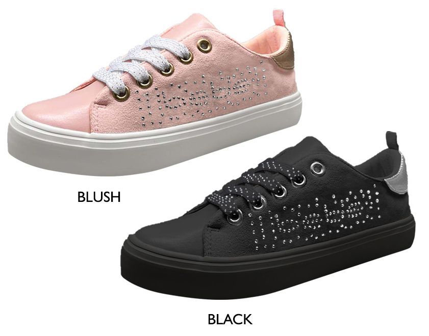 Wholesale Footwear Girl's Lace Up Microsuede Sneakers W/ Bebe Rhinestone Logo & Shimmer Laces