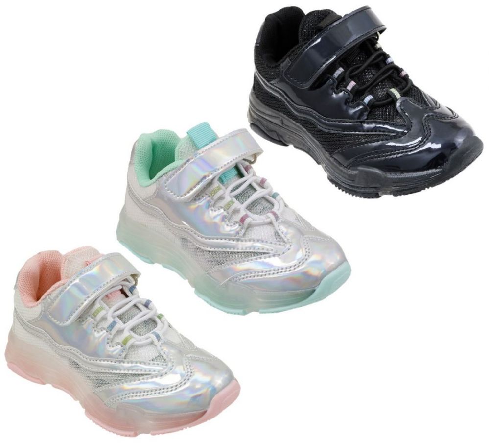 Wholesale Footwear Girl's Holographic Breathable Sneakers W/ Glitter Details, Adjustable Strap & Elastic Laces