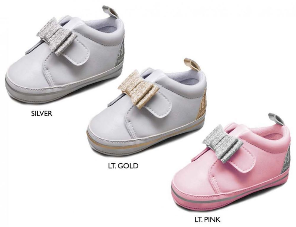 Wholesale Footwear Infant Girl's Glitter Bow Sneakers W/ Bebe Print Heel & Metallic Stripe Sidewall