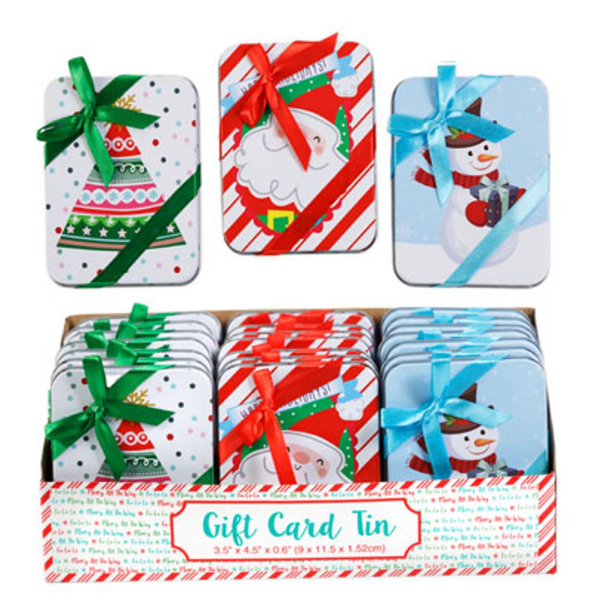 Wholesale Footwear Gift Tin W/bow On Lid 3ast Xmas Prints 3.5x0.6x4.5in 24pc Pdq Easy Peel Label