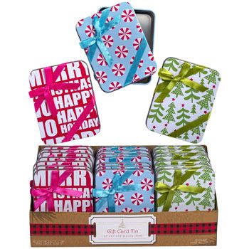 Wholesale Footwear Gift Tin W/bow On Lid 3ast Xmas Prints 3.5x0.6x4.5in 24pc Pdq Easy Peel Label