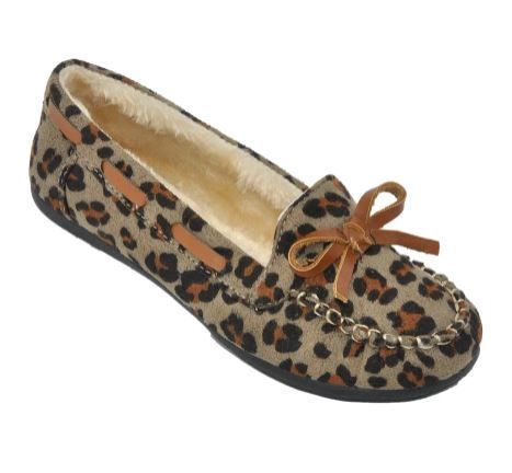 Wholesale Footwear Children's Moccasin Slippers With Faux Fur Lining In Leopard