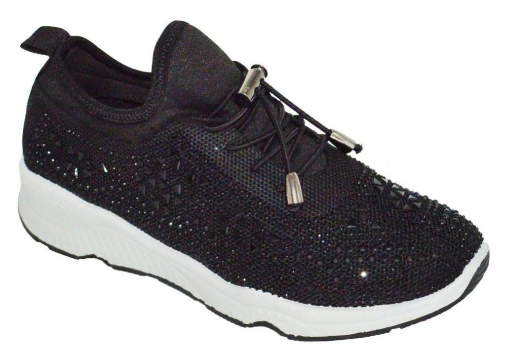 Wholesale Footwear Womens Sneakers Breathable Trainers Lace Up Fashion Rhinestone Mesh Running Shoes In Black