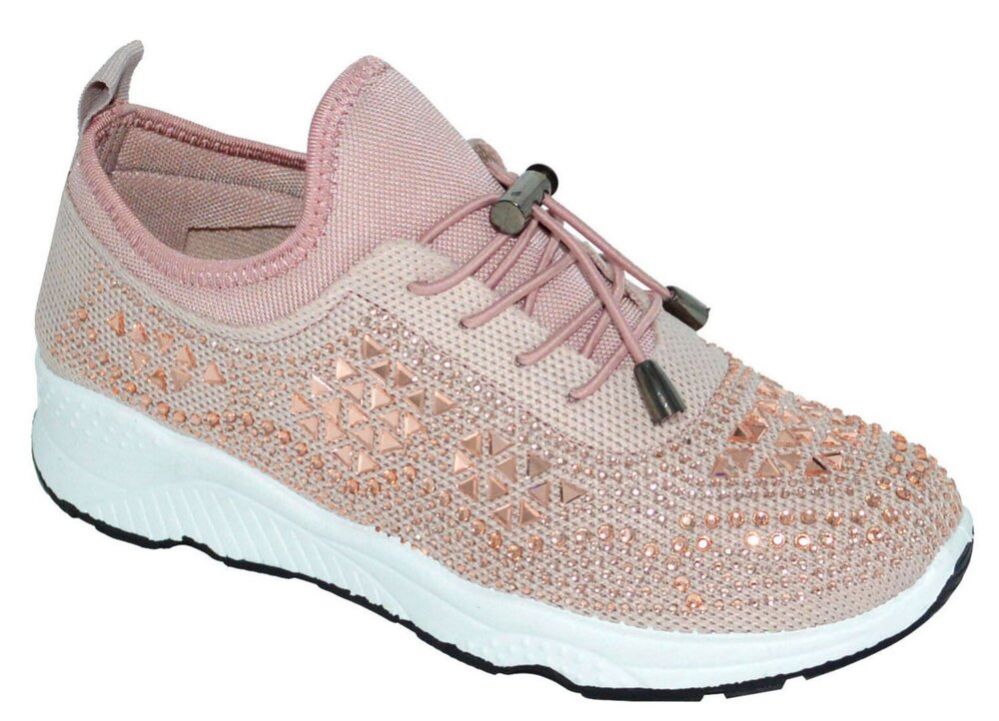 Wholesale Footwear Womens Sneakers Breathable Trainers Lace Up Fashion Rhinestone Mesh Running Shoes In Pink