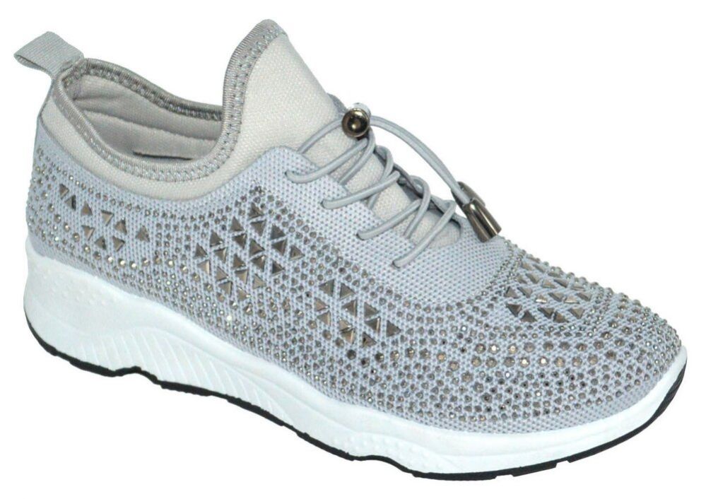 Wholesale Footwear Womens Sneakers Breathable Trainers Lace Up Fashion Rhinestone Mesh Running Shoes In Grey