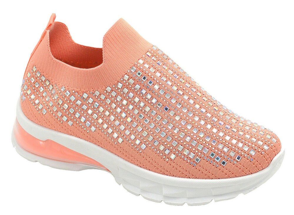 Wholesale Footwear Womens Sneakers Breathable Trainers Fashion Rhinestone Mesh Running Shoes Slip On Lightweight Comfortable In Orange