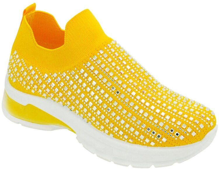 Wholesale Footwear Womens Sneakers Breathable Trainers Fashion Rhinestone Mesh Running Shoes Slip On Lightweight Comfortable In Yellow