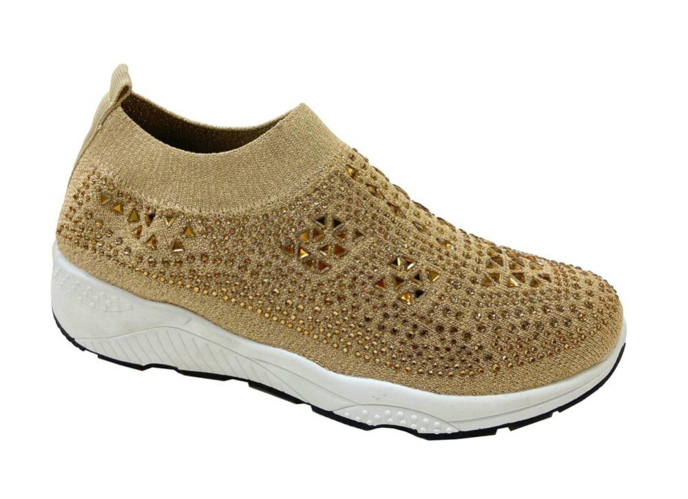 Wholesale Footwear Womens Sneakers Breathable Trainers Fashion Rhinestone Mesh Running Shoes Slip On Lightweight Comfortable In Gold