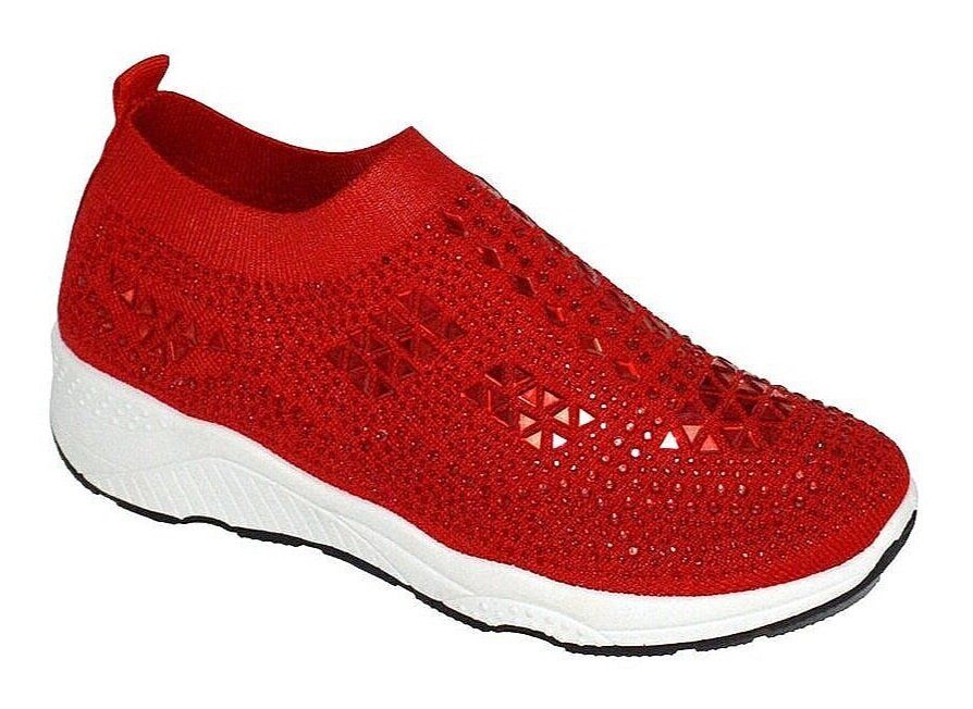 Wholesale Footwear Womens Sneakers Breathable Trainers Fashion Rhinestone Mesh Running Shoes Slip On Lightweight Comfortable In Red