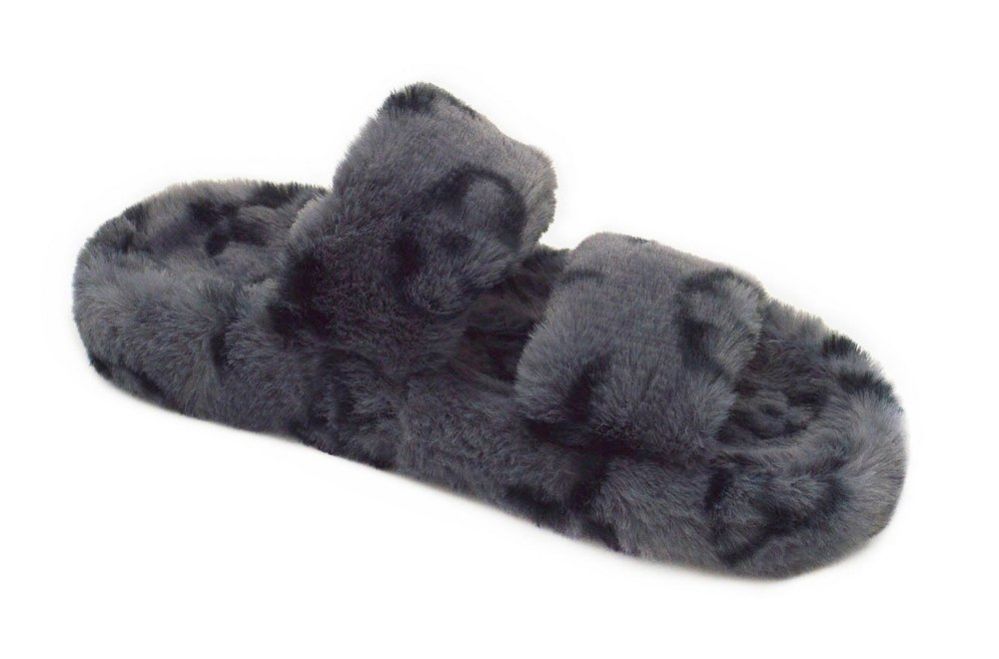 Wholesale Footwear Women's Fluffy Faux Fur Slippers Comfy Open Toe Two Band Slides In Black