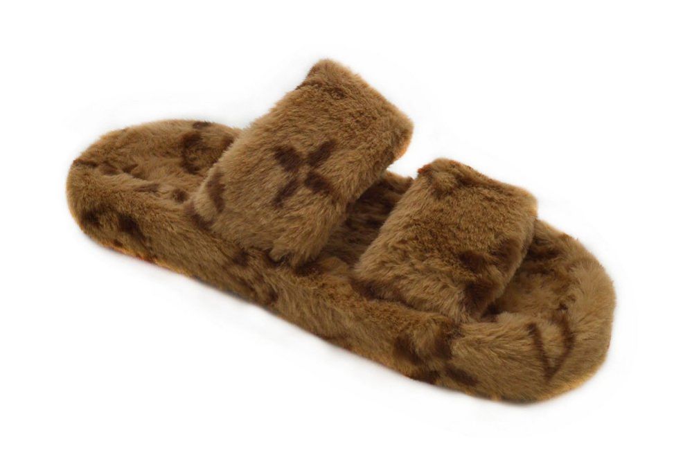 Wholesale Footwear Women's Fluffy Faux Fur Slippers Comfy Open Toe Two Band Slides In Tan