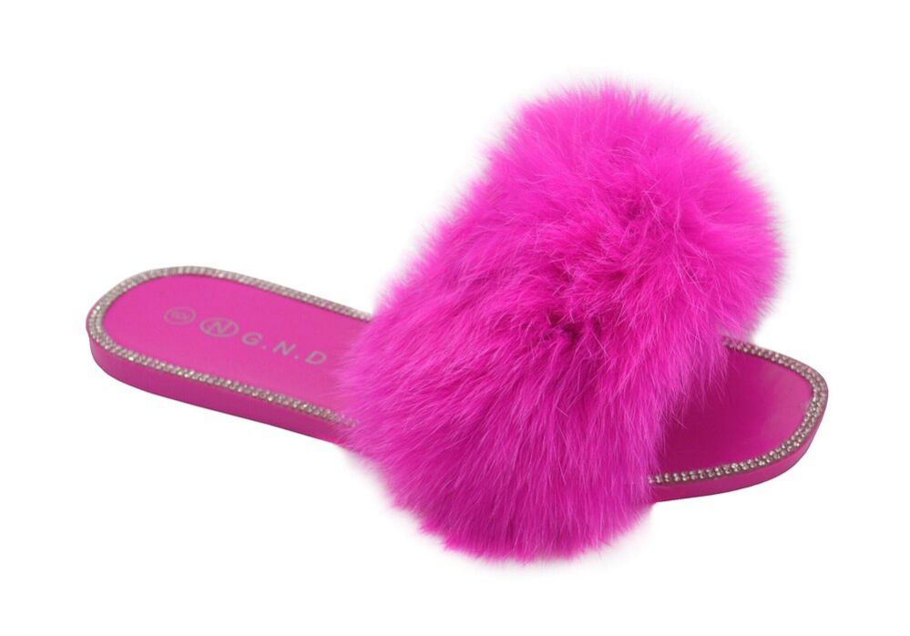 Wholesale Footwear Women's Fur Slides Slippers For Women Open Toe Furry Fluffy Slides Slippers In Fuschia