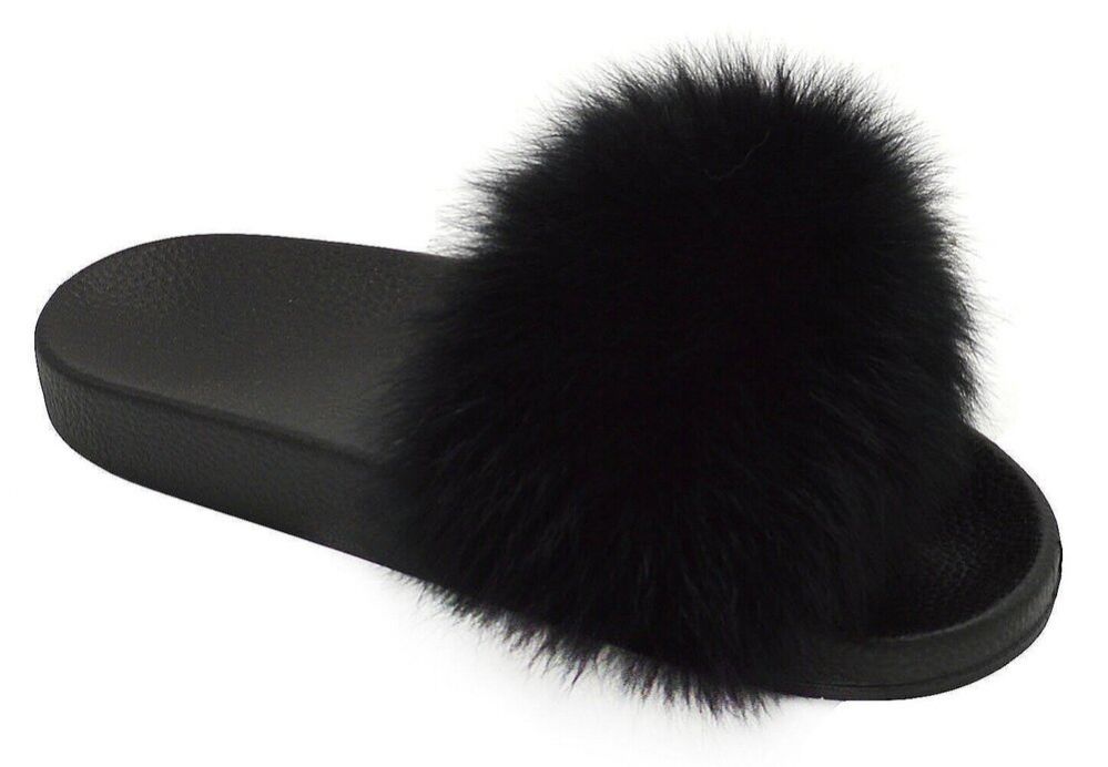 Wholesale Footwear Womens Sliders Plush House Slippers Flat Sandals Fuzzy Open Toe Slippers In Black