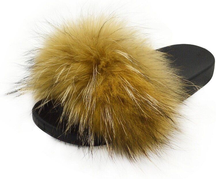 Wholesale Footwear Womens Sliders Plush House Slippers Flat Sandals Fuzzy Open Toe Slippers In Brown