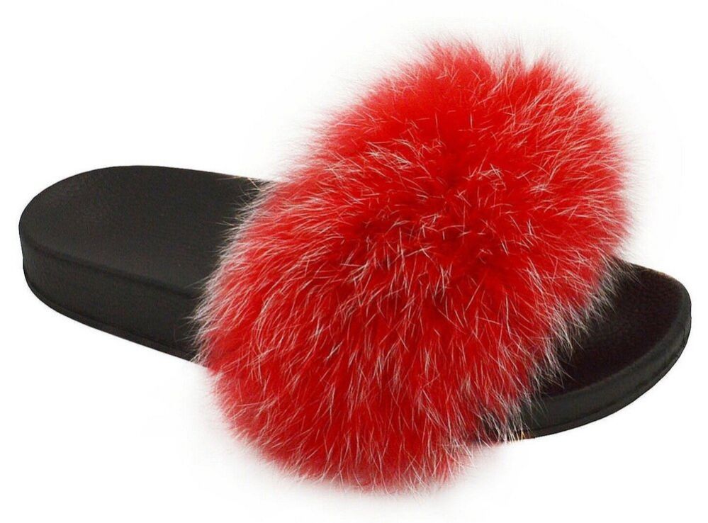 Wholesale Footwear Womens Sliders Plush House Slippers Flat Sandals Fuzzy Open Toe Slippers In Red And White