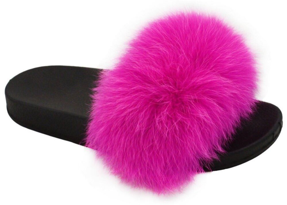 Wholesale Footwear Womens Sliders Plush House Slippers Flat Sandals Fuzzy Open Toe Slippers In Fuschia