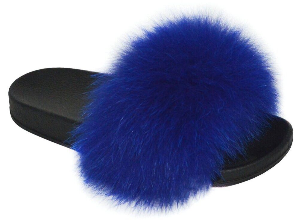 Wholesale Footwear Womens Sliders Plush House Slippers Flat Sandals Fuzzy Open Toe Slippers In Blue