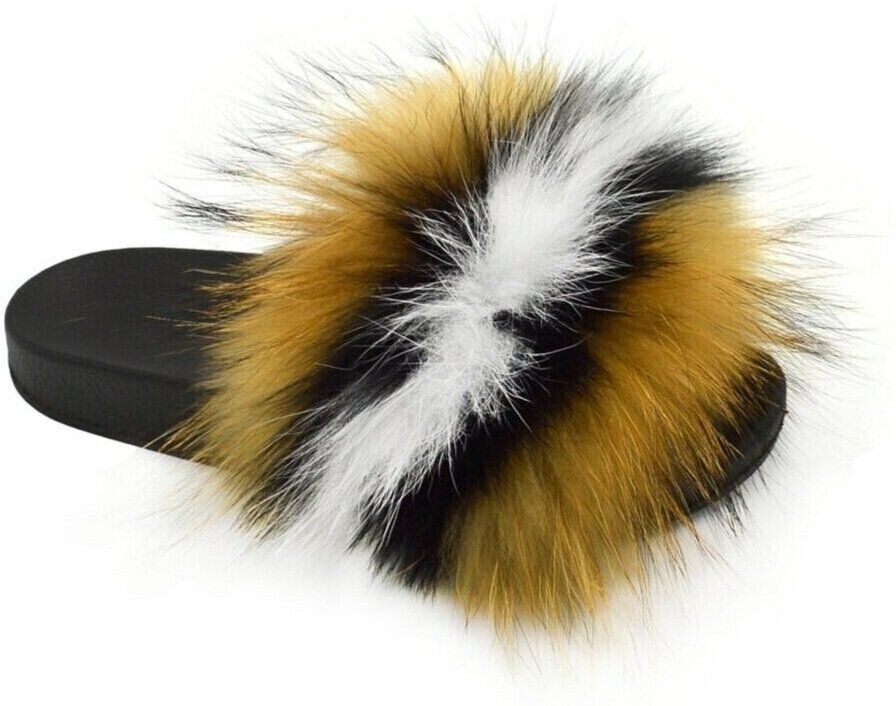 Wholesale Footwear Womens Sliders Plush House Slippers Flat Sandals Fuzzy Open Toe Slippers In Brown Multi Color