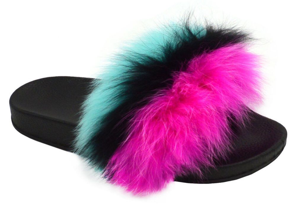 Wholesale Footwear Womens Sliders Plush House Slippers Flat Sandals Fuzzy Open Toe Slippers In Black Multi Color