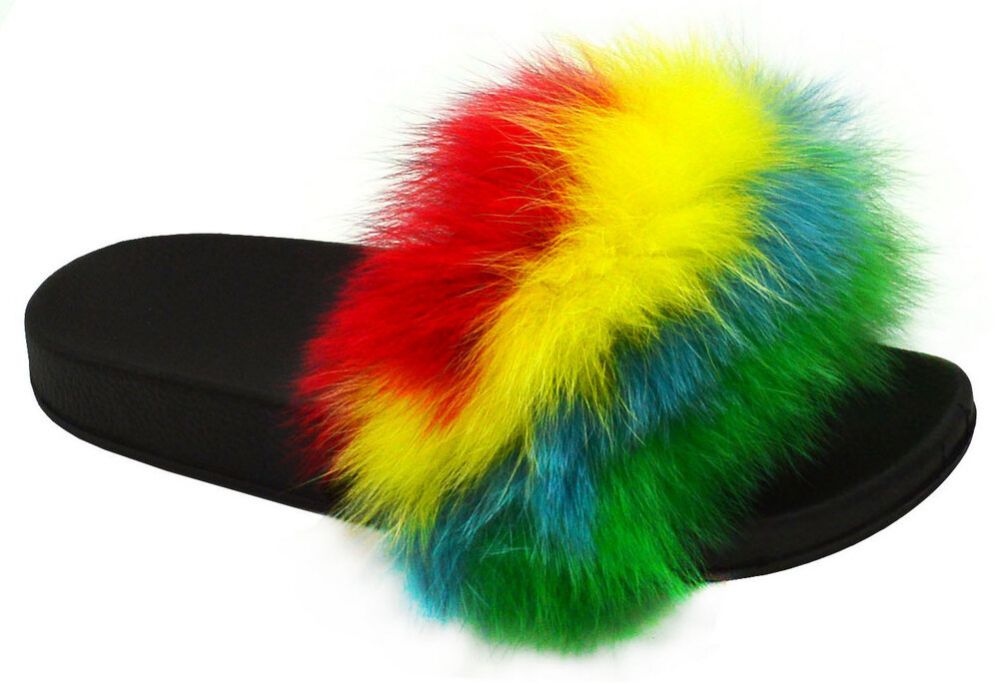 Wholesale Footwear Womens Sliders Plush House Slippers Flat Sandals Fuzzy Open Toe Slippers In Green Multi Color