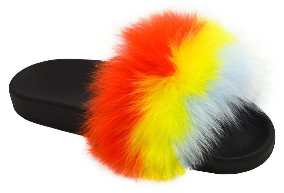 Wholesale Footwear Womens Sliders Plush House Slippers Flat Sandals Fuzzy Open Toe Slippers In Orange Multi Color