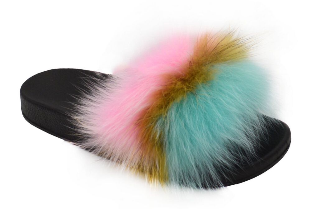 Wholesale Footwear Womens Sliders Plush House Slippers Flat Sandals Fuzzy Open Toe Slippers In Pink Multi Colored