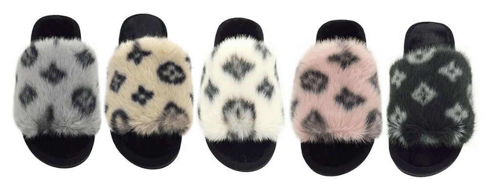 Wholesale Footwear Womens Sliders Plush House Slippers Flat Sandals Fuzzy Open Toe Slippers In Assorted Color