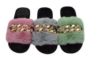 Wholesale Footwear Womens Sliders Plush House Slippers Flat Sandals Fuzzy Open Toe With Chain Slippers In Assorted Color