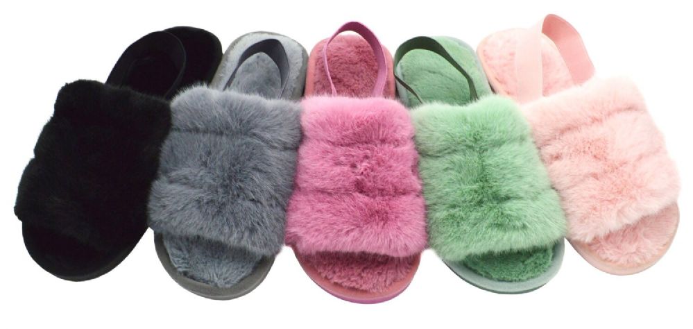 Wholesale Footwear Woman Faux Fur Fuzzy Comfy Soft Plush Open Toe Indoor Outdoor Spa Bedroom Slipper With Strap