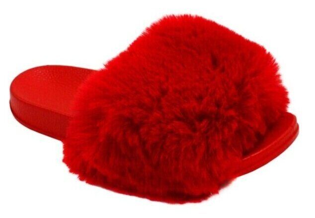 Wholesale Footwear Women's Fuzzy Faux Fur Cozy Flat Spa Slide Slippers Comfy Open Toe Slip On House Shoes In Red