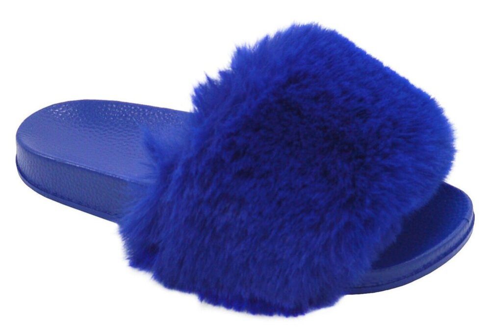 Wholesale Footwear Women's Fuzzy Faux Fur Cozy Flat Spa Slide Slippers Comfy Open Toe Slip On House Shoes In Royal Blue