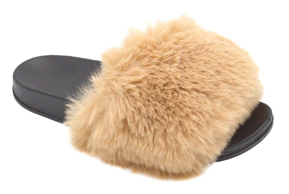 Wholesale Footwear Women's Fuzzy Faux Fur Cozy Flat Spa Slide Slippers Comfy Open Toe Slip On House Shoes In Brown