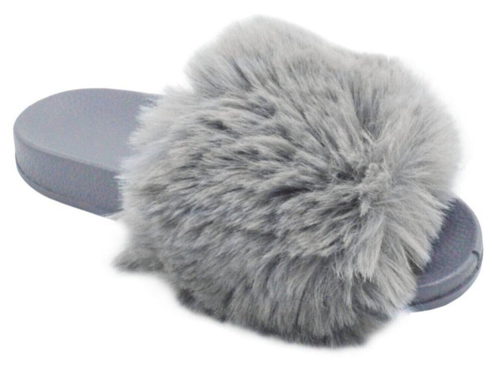 Wholesale Footwear Women's Fuzzy Faux Fur Cozy Flat Spa Slide Slippers Comfy Open Toe Slip On House Shoes In Grey