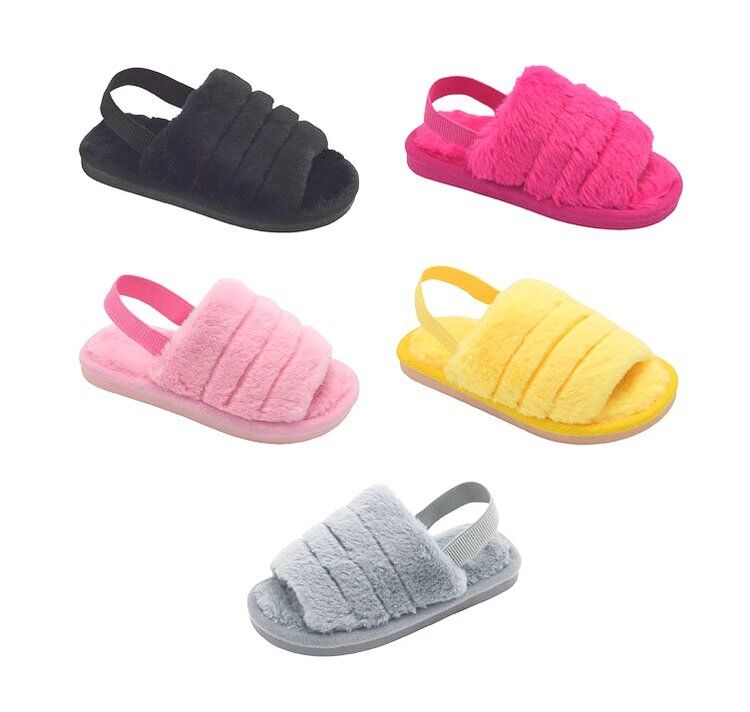 Wholesale Footwear Slipper With Strap For Girls Fuzzy Slide Sandal Shoes Fluffy Faux Fur