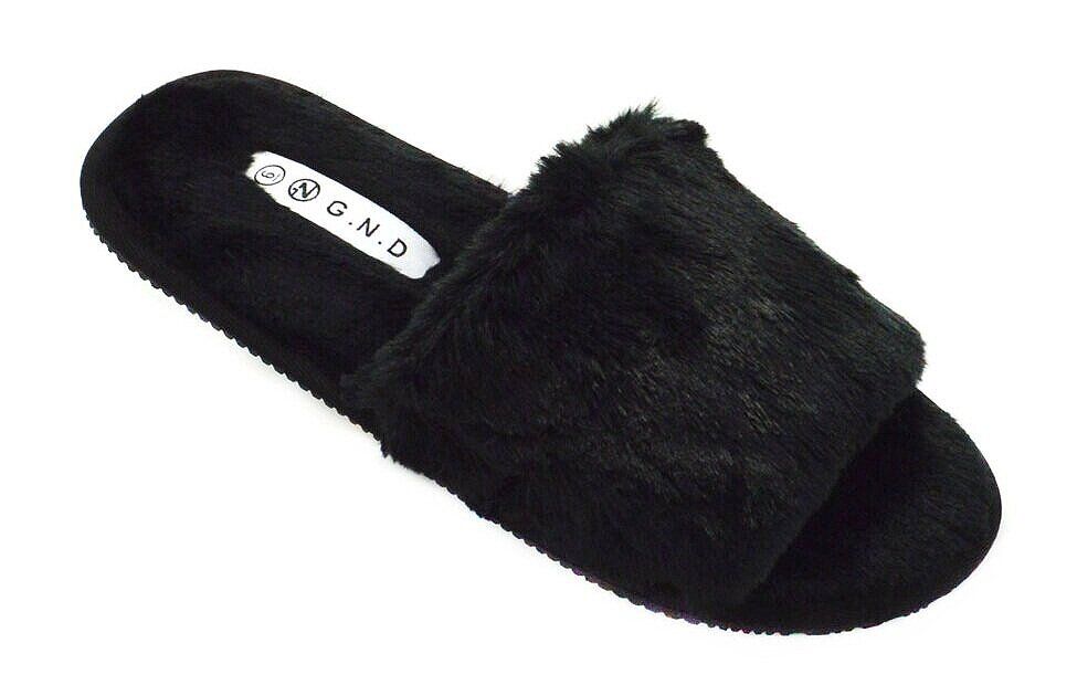 Wholesale Footwear Womens Fuzzy Slide Sandal Shoes Fluffy Faux Fur In Black