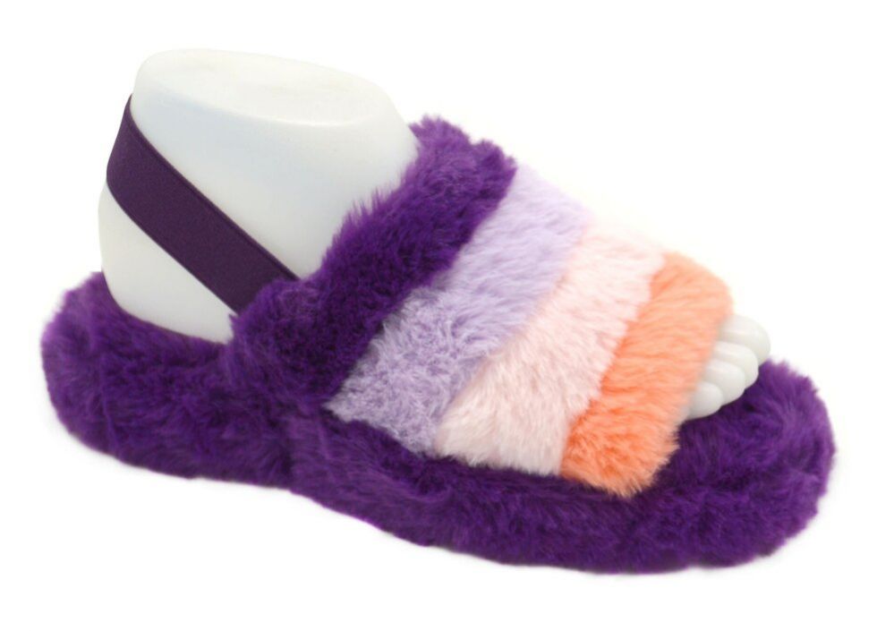 Wholesale Footwear Women's Fluff Slide Slipper With Elastic Band Open Toe Slippers In Purple Multi Colored