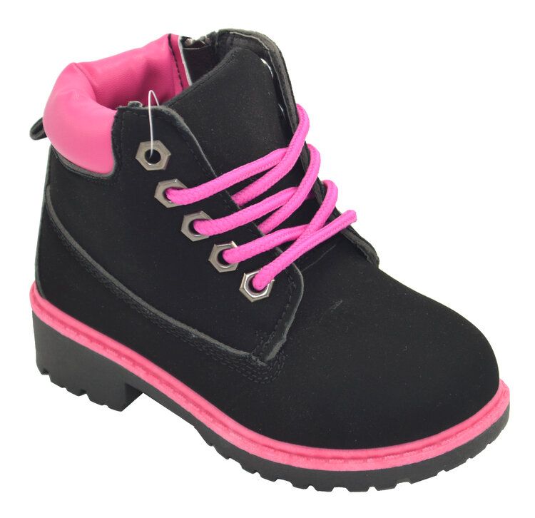 Wholesale Footwear Girls Snow Boots Comfortable Outdoor Anti Slip Ankle Boots Suede Warm Booties Lace Up In Black And Fuschia