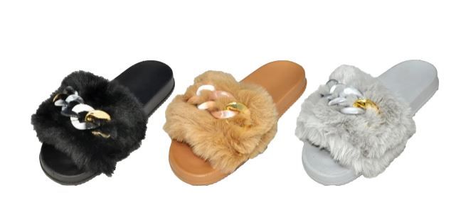 Wholesale Footwear Women's Barbados Slide Sandals With Faux Fur Strap And Chain Link Embellishment