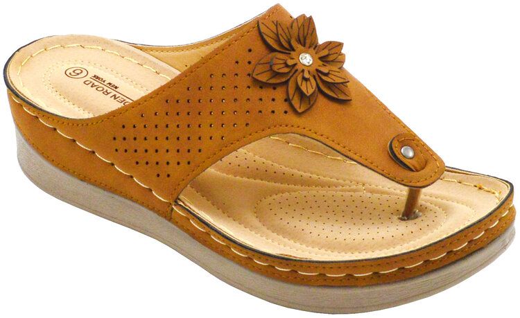 Wholesale Footwear Platform Sandals For Women Bohemian Flowers Sole Open Toe In Tan Color Size 5-10