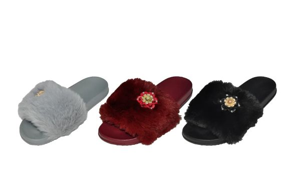 Wholesale Footwear Women's Barbados Slide Sandals With Faux Fur Strap And Flower Link Embellishment