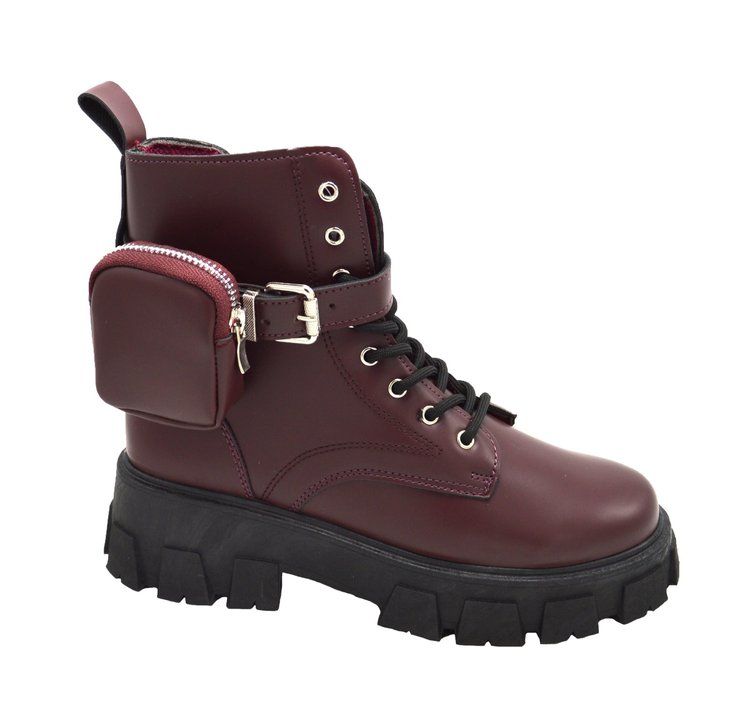 Wholesale Footwear Women Biker Boots Leather Chunky Heel Combat Military Fashion Winter Booties Color Wine Assorted Size
