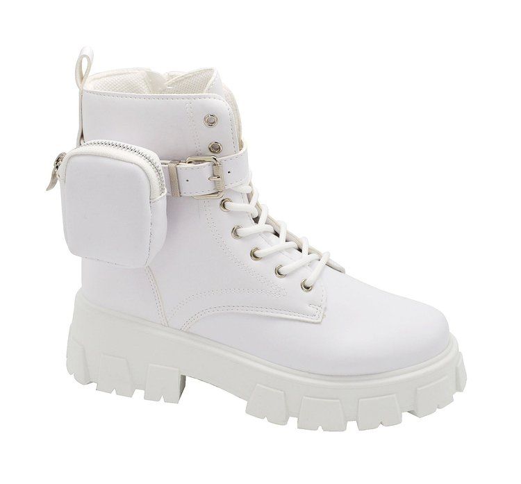 Wholesale Footwear Women Biker Boots Leather Chunky Heel Combat Military Fashion Winter Booties Color White Assorted Size