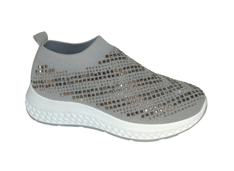 Wholesale Footwear Womens Sneakers Breathable Trainers Fashion Rhinestone Mesh Running Shoes Slip On Lightweight Comfortable In Grey