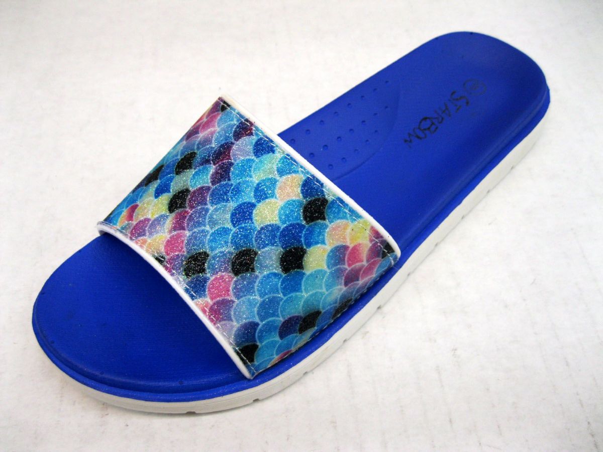 Wholesale Footwear Women Blue Color Summer Plaid Slide Sandals