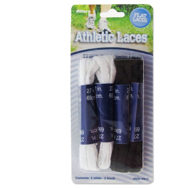 Wholesale Footwear Athletic Laces, 4 Pair (2 White, 2 Black), 27" Flat