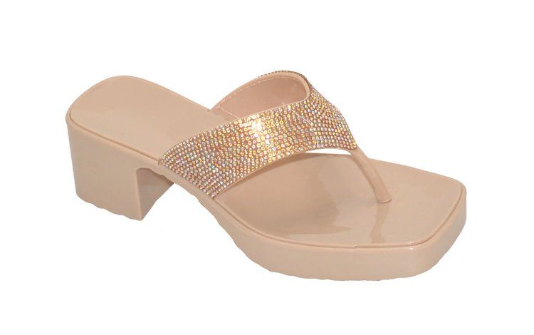 Wholesale Footwear Women's Slip On Sandals Slide Glitter Bling Casual Sandal In Beige