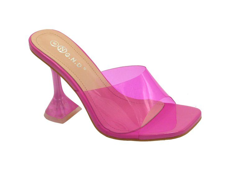 Wholesale Footwear Womens Clear Heels Sandals Transparent Peep Toe Mules In Fuschia