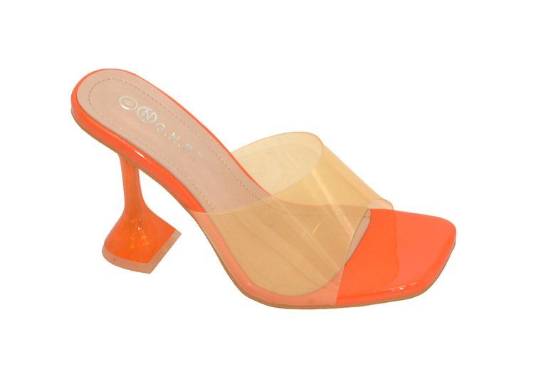 Wholesale Footwear Womens Clear Heels Sandals Transparent Peep Toe Mules In Orange