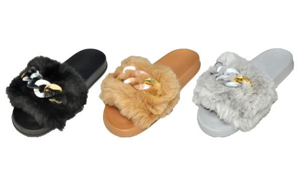 Wholesale Footwear Fuzzy Slide With Chain